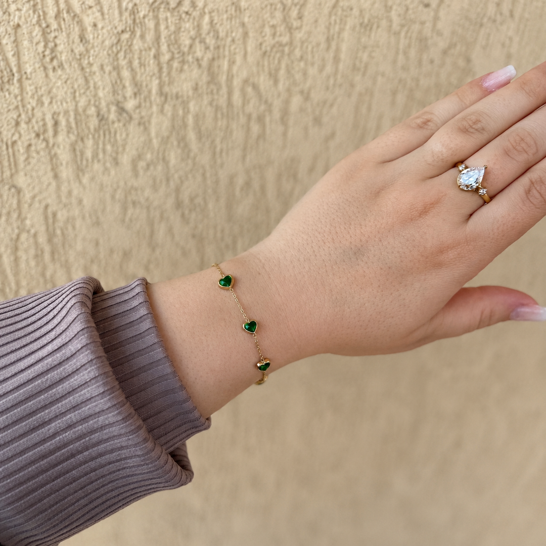 Bratara Gold Green Hearts2