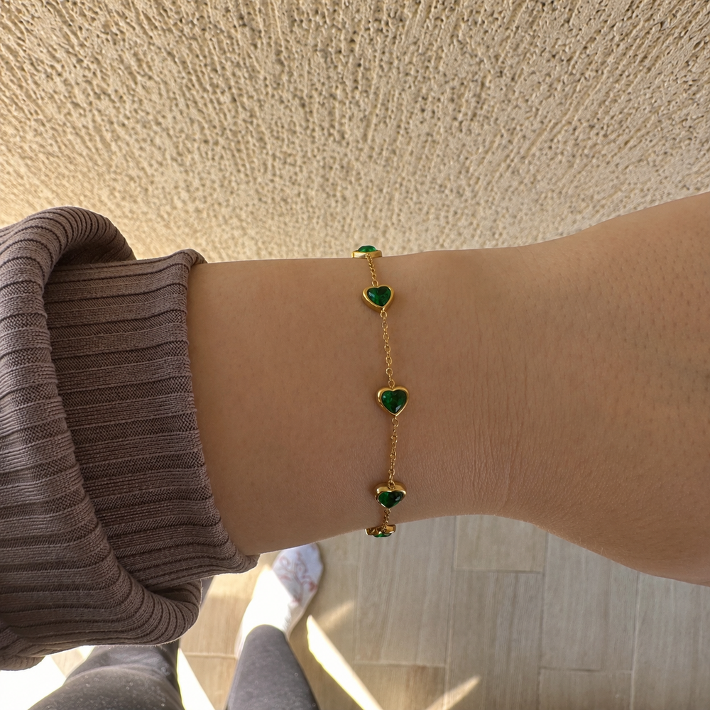 Bratara Gold Green Hearts3