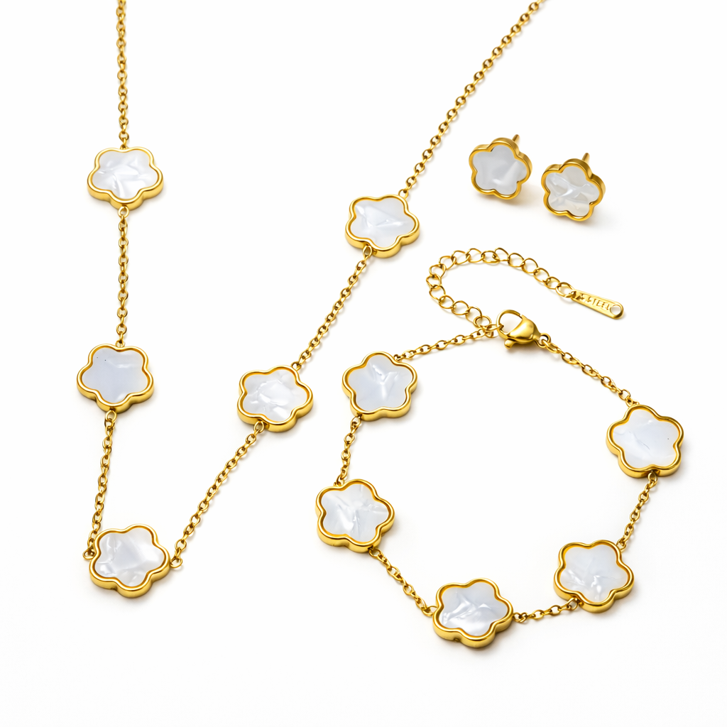 Set Cercei, Colier și Brățară Gold Clover - Alb