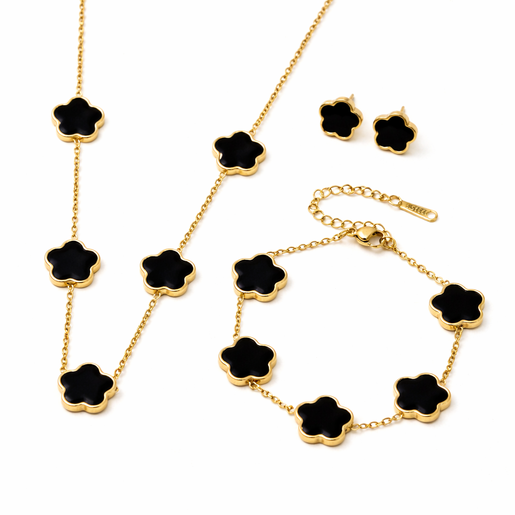 Set Cercei, Colier și Brățară Gold Clover - Negru
