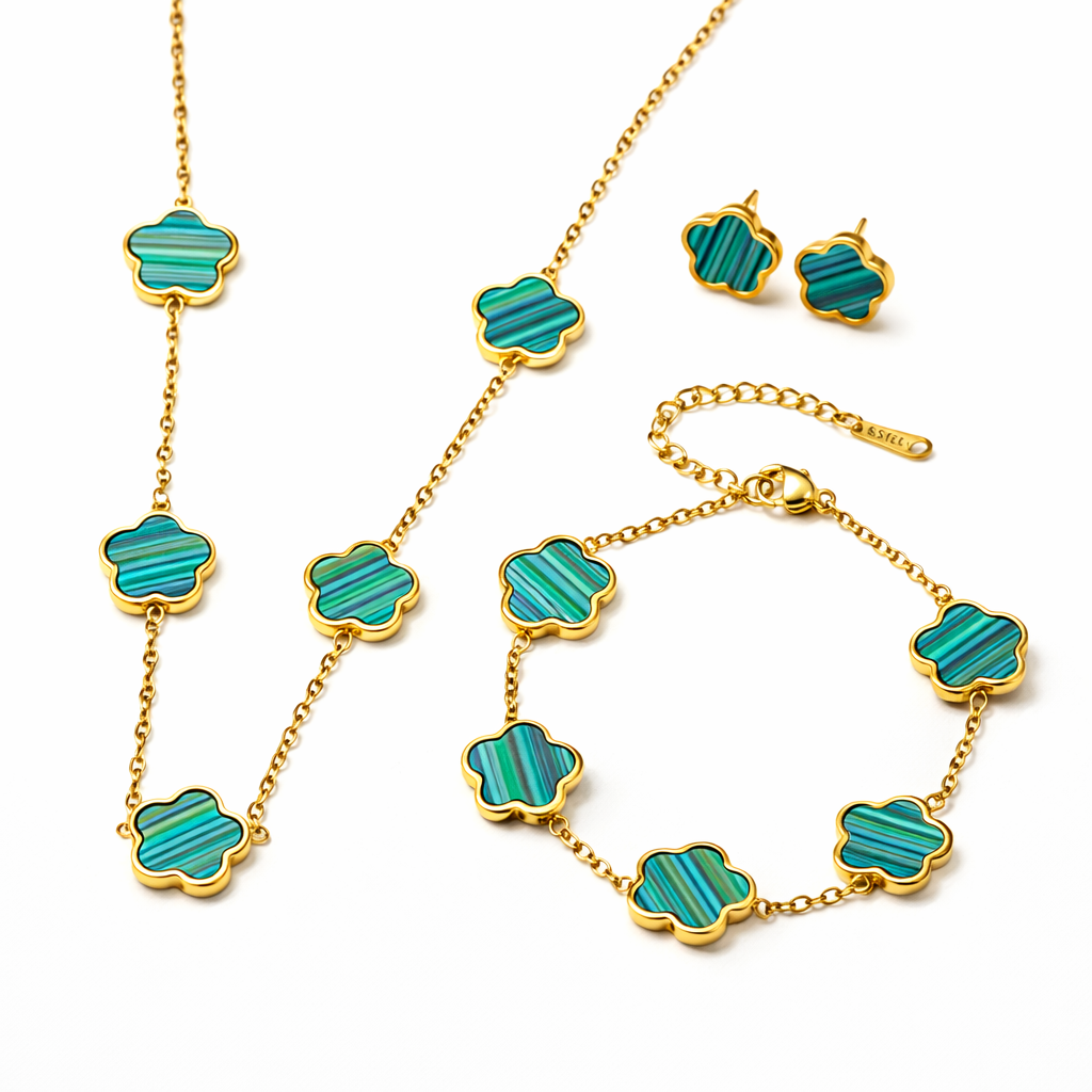 Set Cercei, Colier și Brățară Gold Clover - Verde