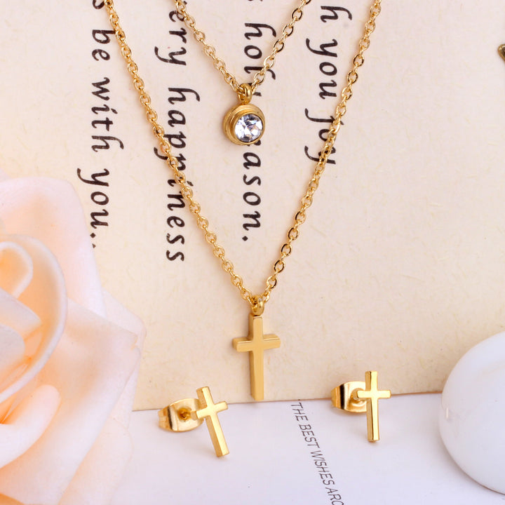 Set Cercei si Colier Gold Cross Shine1