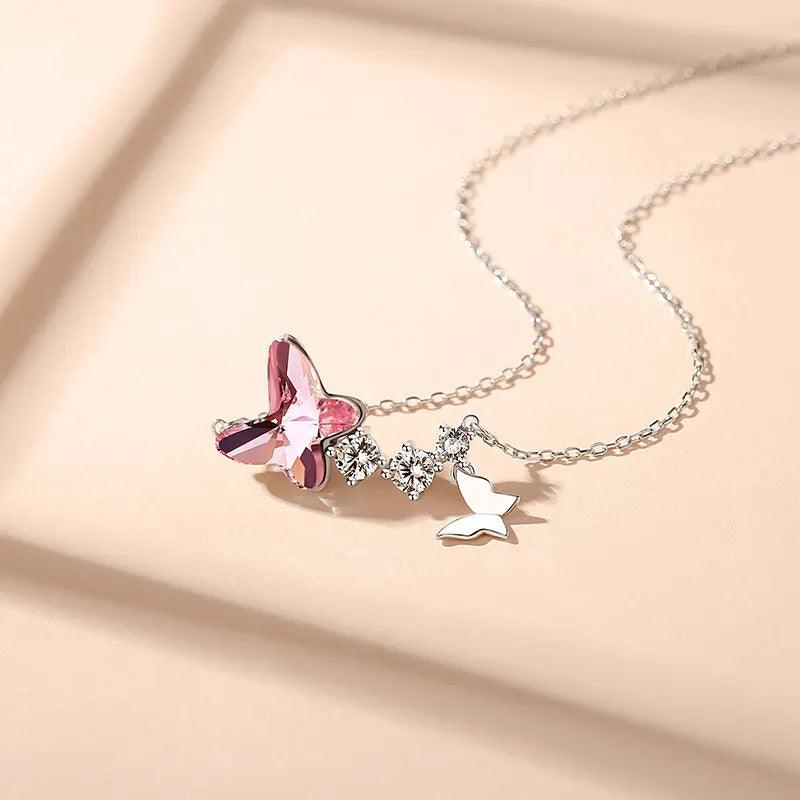 Colier Argint Swarovski Pink Butterfly LSW05